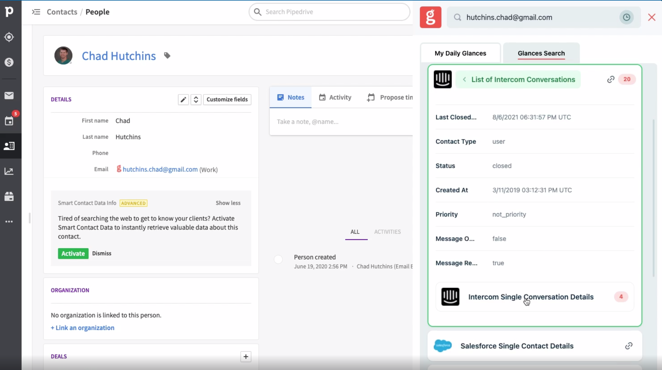 See the full Conversation Details from any Intercom record Screenshot displaying where you can view the full conversation thread within Glances
